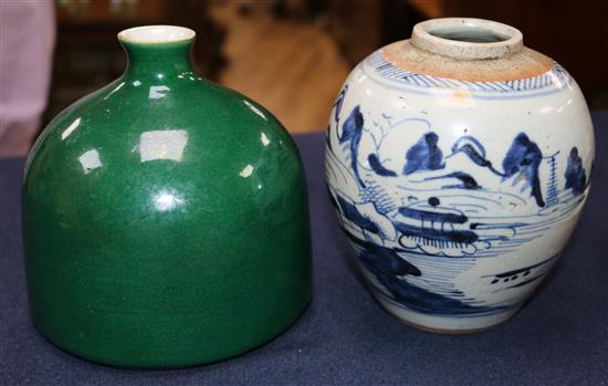 Blue and white landscape jar with Quinlong mark